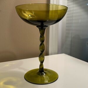 Vintage Empoli Twisted Stem Glass Olive Green Pedestal Compote 7.75" Tall